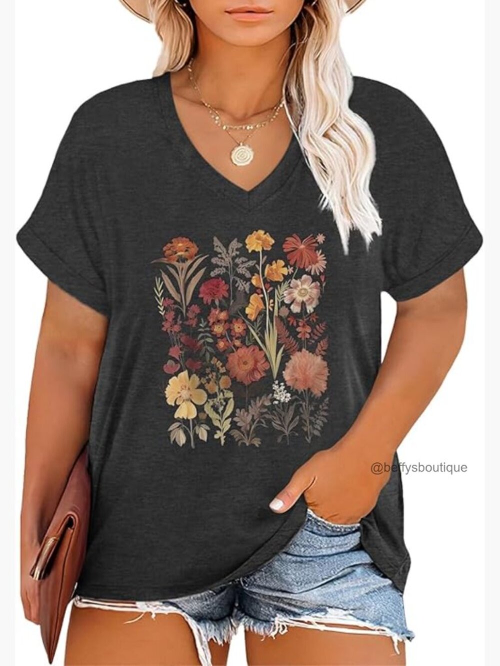 Plus Size Floral Daisy Graphic Tee Short Sleeve V-Neck T-Shirt Loose Fit Summer